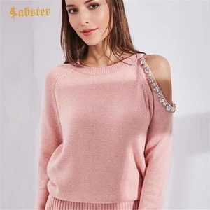 Женский комплект из двух предметов, вязаный свитер с открытыми плечами и кристаллами, повседневный пуловер, kz449, Осень-зима 2018