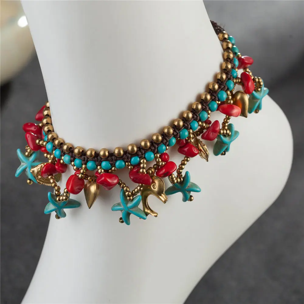 

New Arrivals ETHNIC Brand Vintage Green Sea Star Charm Anklets for Women Gold-Color Beads Chain On Foot Beach Fashion Anklet