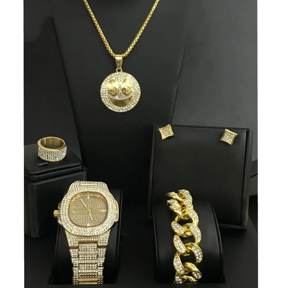 Luxury Men Watch Hip Hop &amp Necklace Bracelet Earrings Ring Combo Smiley Face Pendant Ice Out Cuban Jewelry For | Украшения и