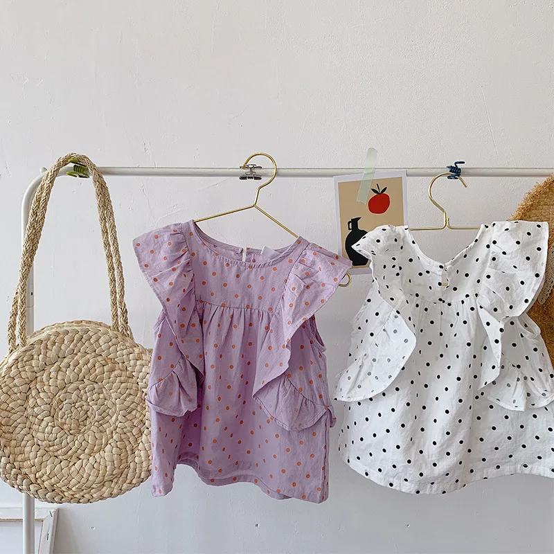 Милые летние футболки для младенцев Кукольные блузки в горошек девочек