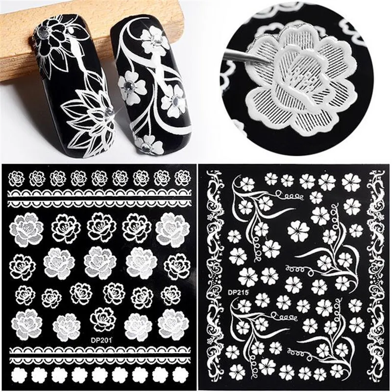 

24 Designs 3D Flower Carved Nail Sticker White Blossom Flower Pattern Women Nail Art Decorations DIY Beauty Decals