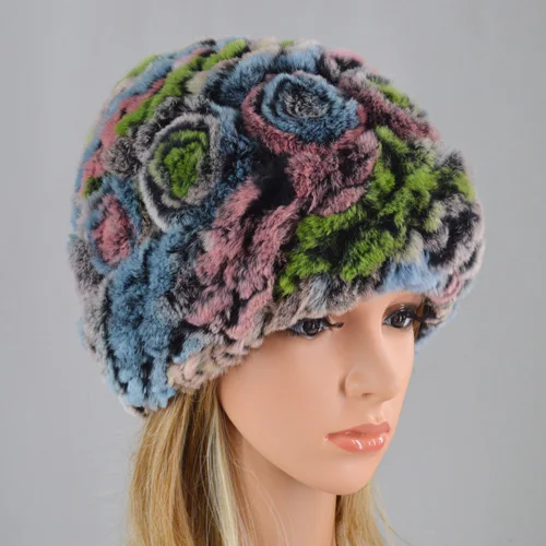 colorful 1 Новая хорошая эластичная уличная шапка из натурального меха кролика рекс цветы женский зимний теплый вязаный натуральная меховая шапка русские дамские шапочки шапки - Цвет: colorful 1
