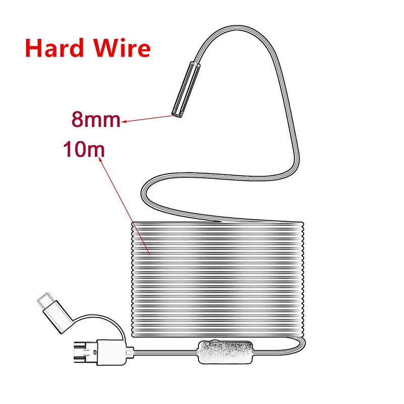 10M Hard Cable 3в1 мини камера эндоскоп HD 1200P IP68 Жесткая гибкая трубка Змеиный бороскоп видео осмотр для ПК Android автомобильный эндоскоп 2 м - Цвет: 10M Hard Cable