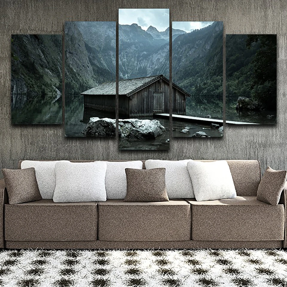 Frame Home Decor Living Room Wall Pictures 5 Panel Chalet Mountains Landscape Art Painting Modular HD Printed Canvas Poster | Дом и сад