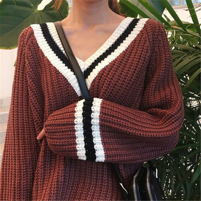 Winter women Retro Leisure Thick needle loose Hit color V-neck long sleeve Pullovers knitted sweater for girls  Женская