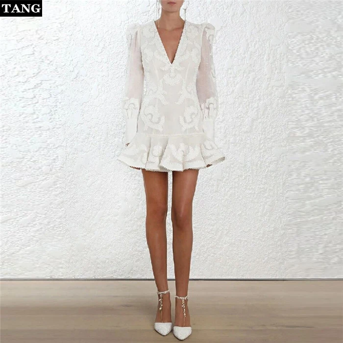Tang 2019 летнее соблазнительное с открытой спиной белое кружевное платье глубоким v