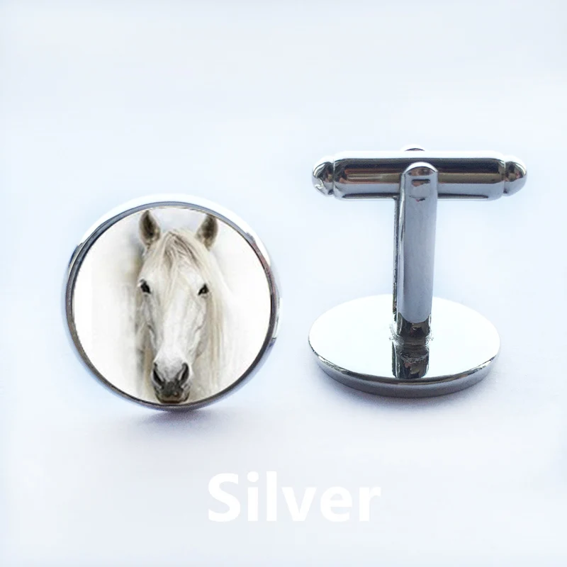 2015 Fashion Men's Gift Jewelry Cuff Links White Golden Plated Link Round Animal Horse Pattern Designer Brand Cufflinks Men | Украшения