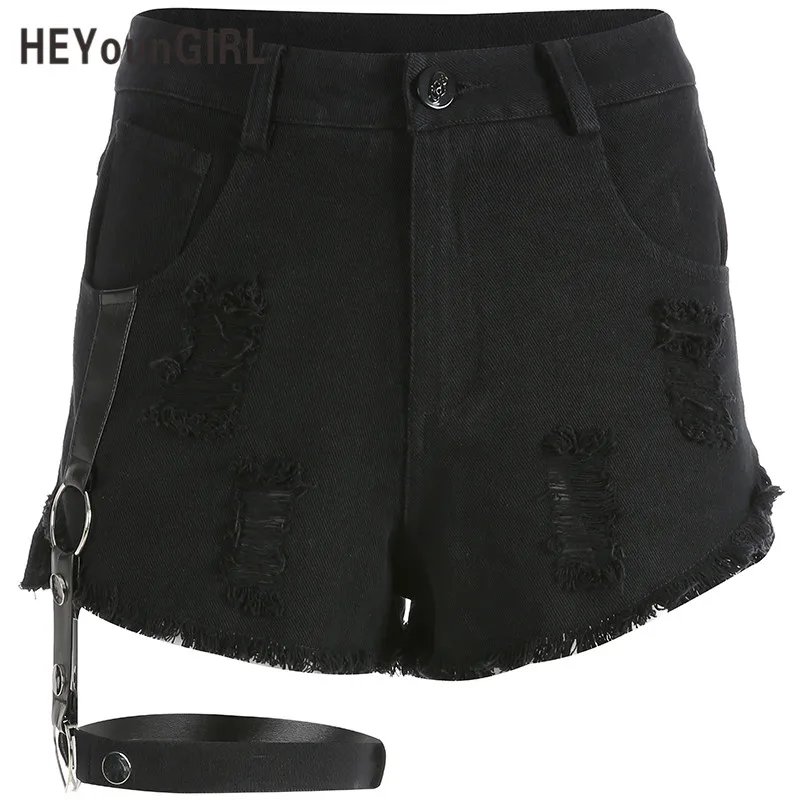Черный HEYounGIRL повседневные летние модные джинсовые шорты с дырками Femme одна сторона повязки короткие брюки женские карманы мини шорты Уличная одежда - Цвет: Черный