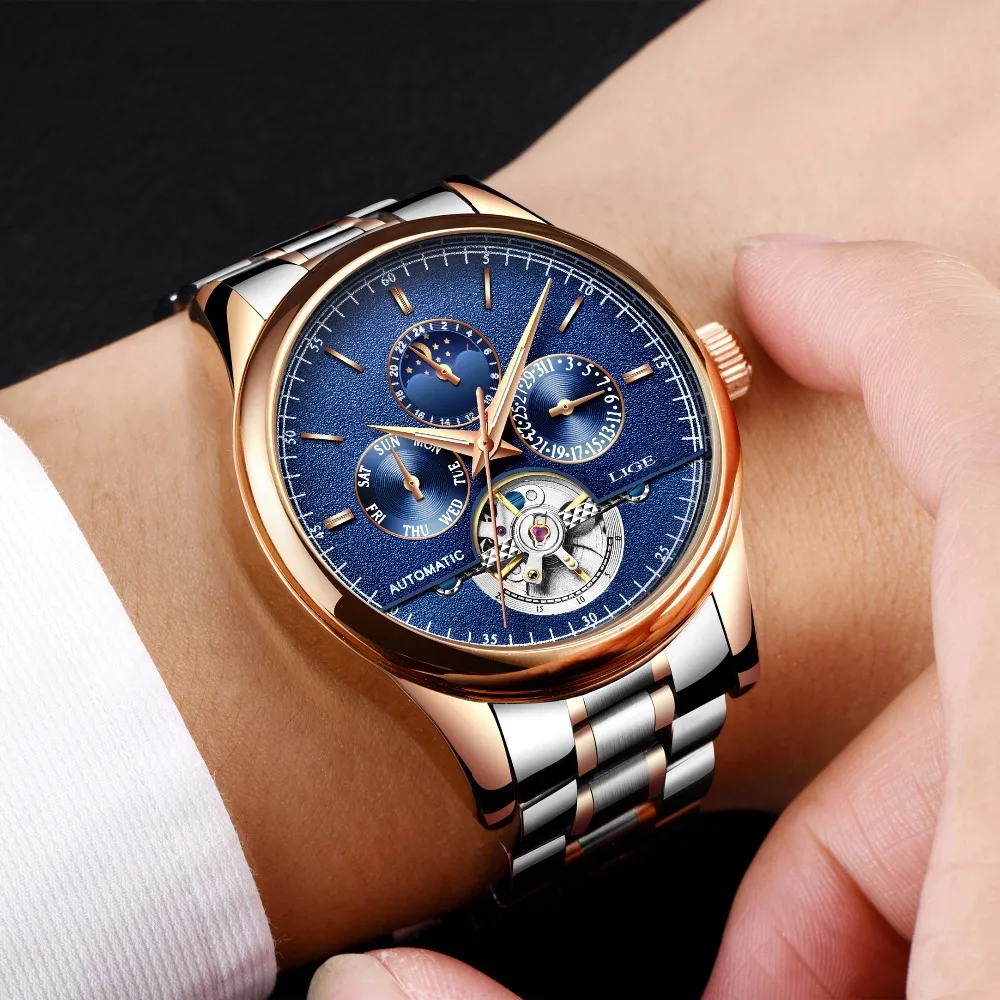 LIGE бренд Для мужчин часы автоматические механические tourbillon спортивные Полный