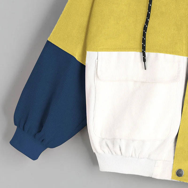 

2018Winter Warm Color Block Hooded Corduroy Loose Jacket Drawstring Hit Color Patched Pocket Thick Basic Women Coat Harajuku New