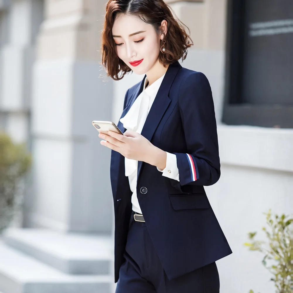 Женский костюм с юбкой карманами Элегантный Приталенный Блейзер в полоску + юбка