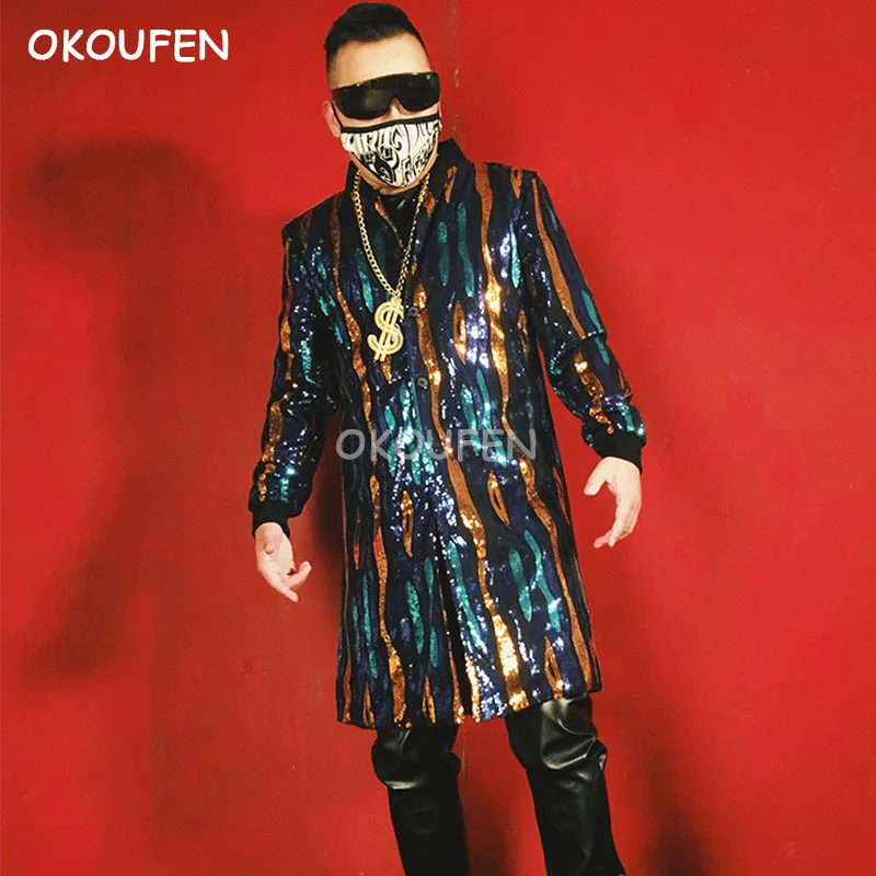 

Nightclub bar hairdresser new fashion male singer DJ DS sequin costume long coat stage