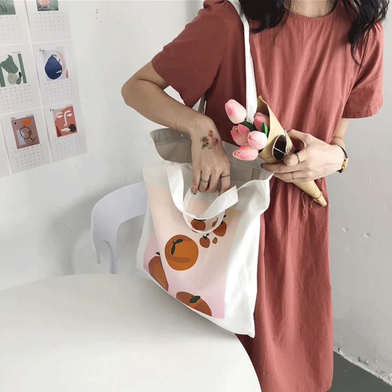Harajuku новый большой размер ulzzang оранжевый мультфильм Печать холст ins Корея сумка