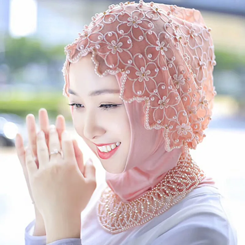 Рамадан мусульманские женщины платок палантин хиджаб с ожерелье из бус - Фото №1