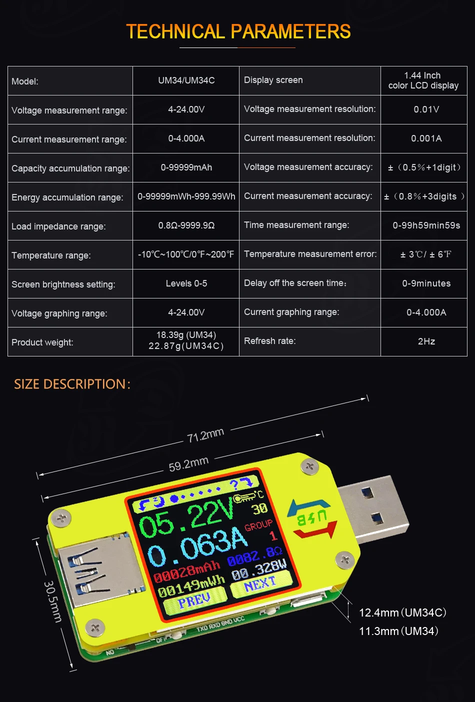 UM34/UM34C UM24/UM24C UM25/UM25C DC amperimetro voltimetro probador de voltaje de corriente tension de carga de la bateria USB