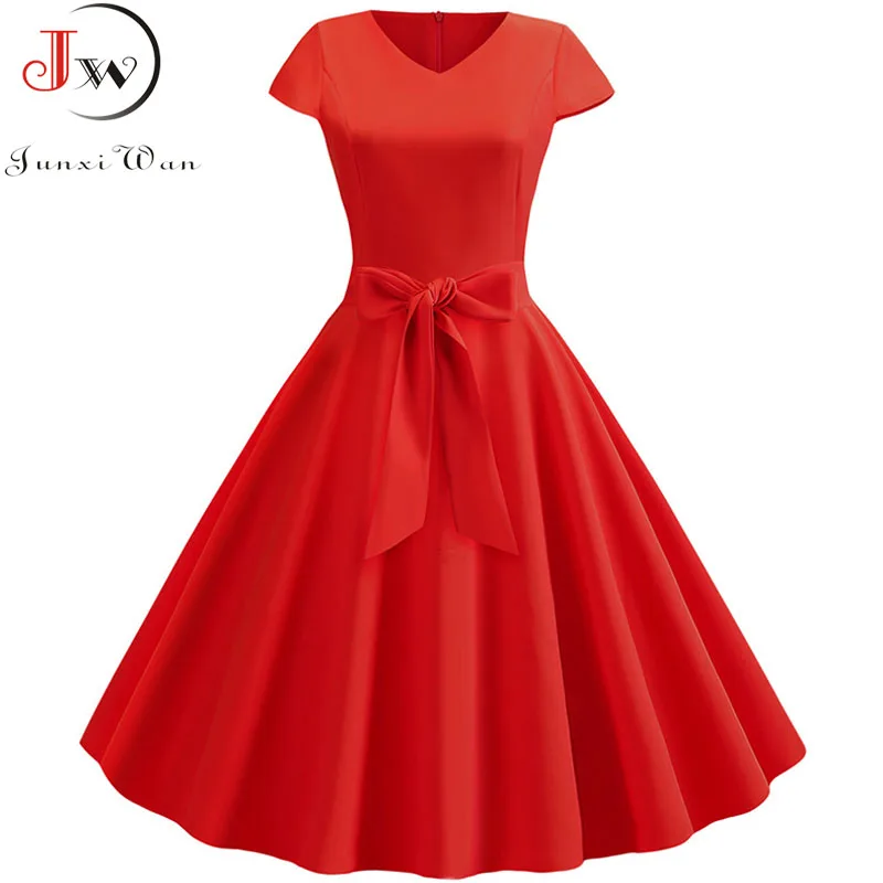

Solid Summer Women Dress Short Sleeve Vintage V Neck Casual Elegant Retro Pin Up Rockabilly Party Midi Dresses Red