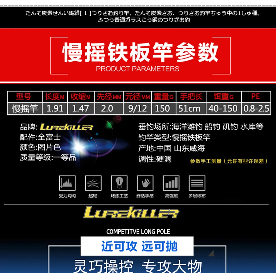 Lurekiller 1,91 м 40-150 г литье медленное отжимное удилище углеродное удилище удочка для приманки вращающаяся Fuji направляющая светильник