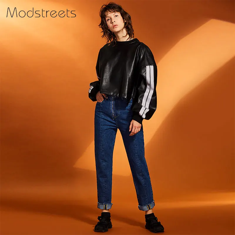 Женские толстовки с капюшоном Modstreets черные из искусственной кожи длинным