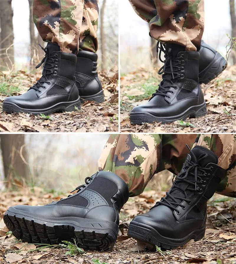 Мужские военные ботинки; мужская кожаная защитная обувь из сетчатого материала; сезон весна; черные армейские ботинки; ботинки на платформе в байкерском стиле; Военная обувь
