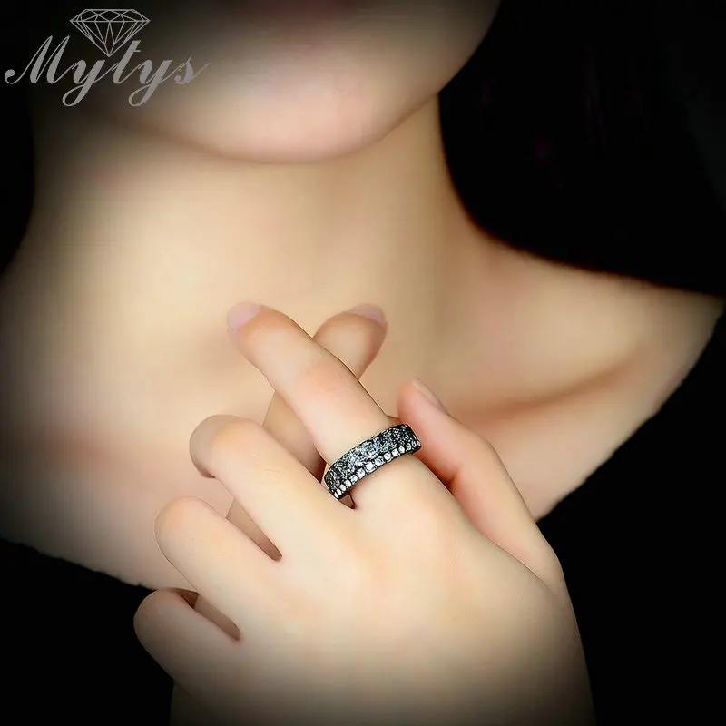Женское кольцо Mytys черное Сетчатое с кристаллами модный дизайн R1872|crystal rings for