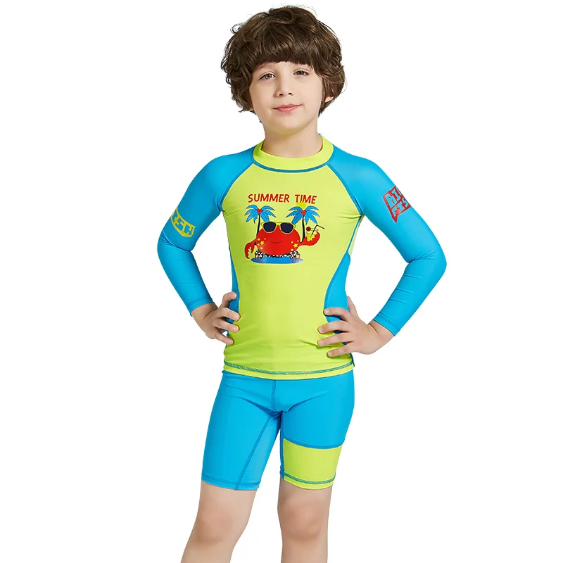 yellow blue set Анти УФ Рашгард для детей лайкра дайвинг гидрокостюм для детей с длинными рукавами футболка трусики от купальника из двух частей купальники - Цвет: yellow blue set