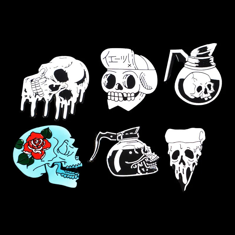 1PCS Creative personality Gothic Black and White Skull Brooch Rose Bone Pizza Skeleton Teapot Skulll Pin Badge Coat accessories | Дом и сад