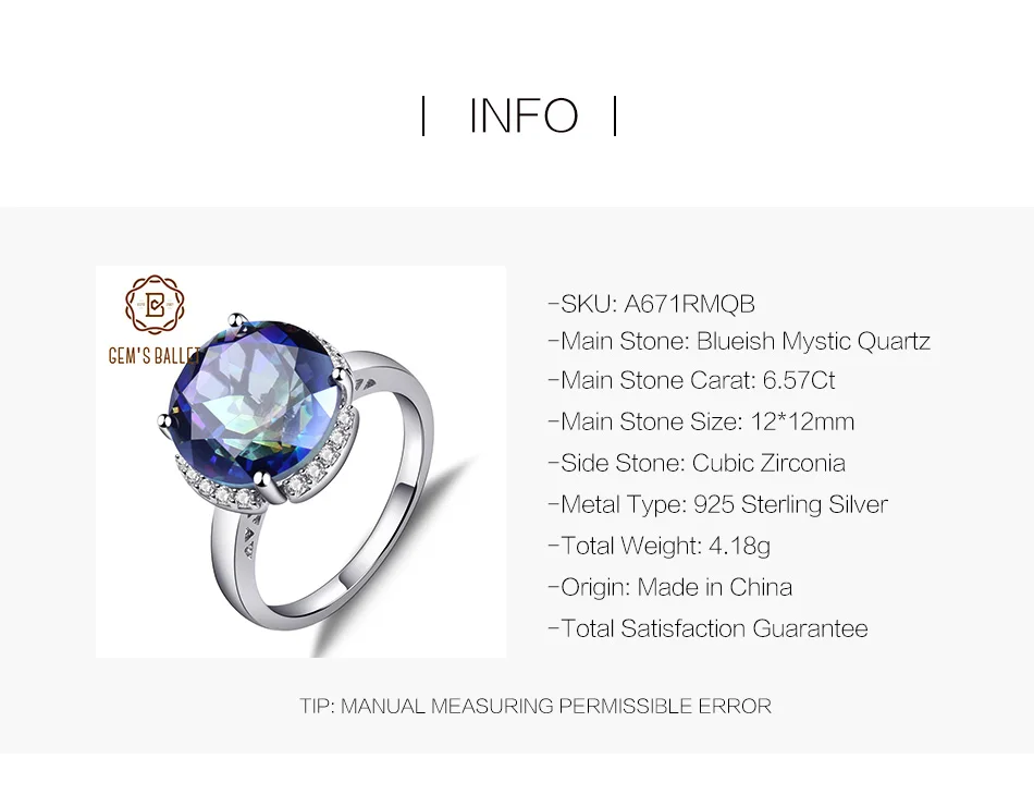 Gem's Ballet 6.57Ct натуральный Blueish мистический кварцевый камень Обручальные кольца твердые 925 пробы серебряные ювелирные изделия для женщин