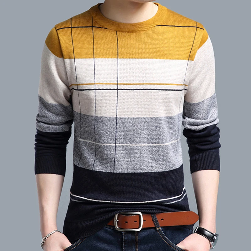 Тонкий хлопковый Мужской пуловер свитера повседневный вязаный свитер в полоску Мужская трикотажная
