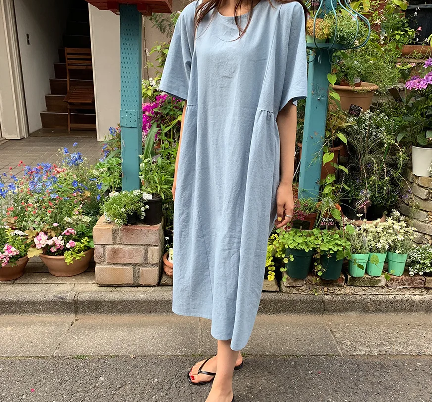 EWQ 2019 новое летнее поступление круглый воротник Vestidos короткий рукав свободный