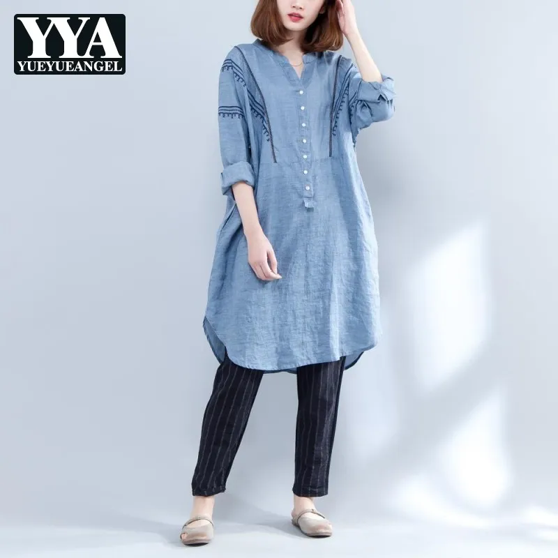 

2021 Spring Autumn Women Fashion Elegant Embroidery Long Sleeve Shirt Tops Ladies Female Loose V-Neck Cotton Linen Blouse Shirts