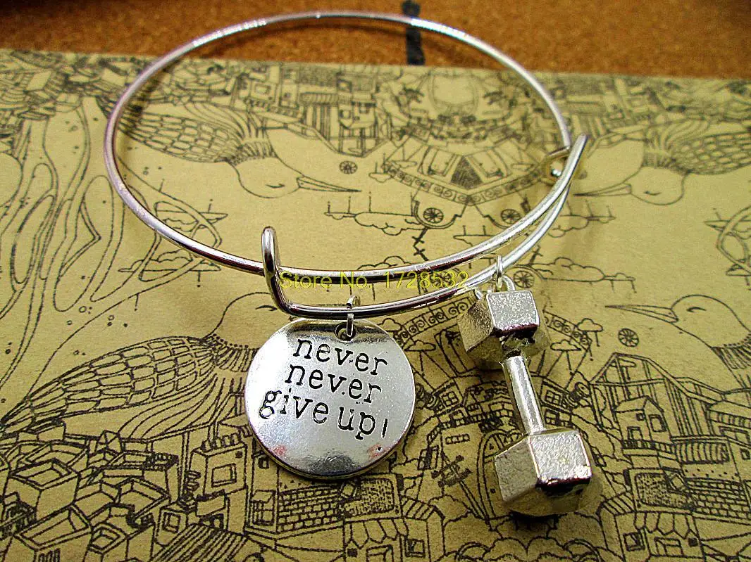Hot sale diameter 65mm silver bracelets bangles never give up with dumbell kettlebell barbells jewelry for women | Украшения и