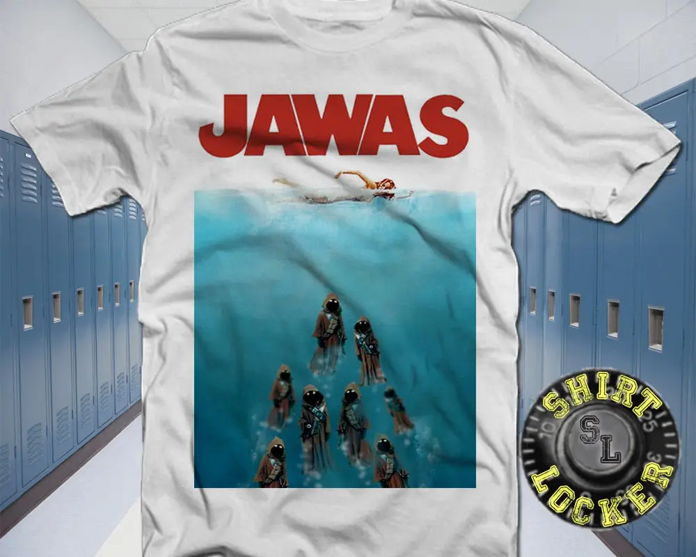 Забавная белая хлопковая Футболка Jawas Звездные войны Jaws Mashup Дарт Вейдер