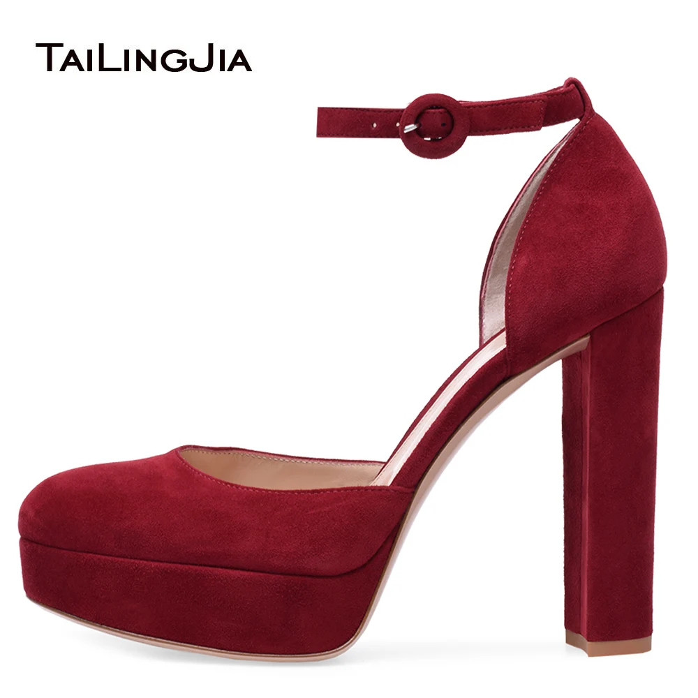 

Women Platform Heels Red High Heel Pumps Round Toe Chunky Heel Ankle Strap Dress Heels Black Suede Ladies Summer Shoes Plus Size