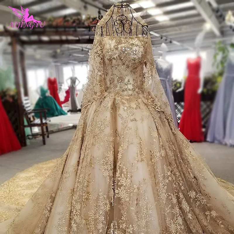 AIJINGYU Simple Bride Dresses Bridal Plus Size With Sleeves Moroccan French Lace Gown With Long Train Dress For The Wedding