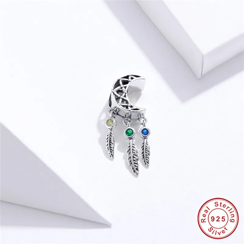 Fit Pandora браслет серебро 925 оригинальные богемные украшения с перьями S925 Винтаж Круглый Циркон сказка луна бусины для изготовления ювелирных изделий