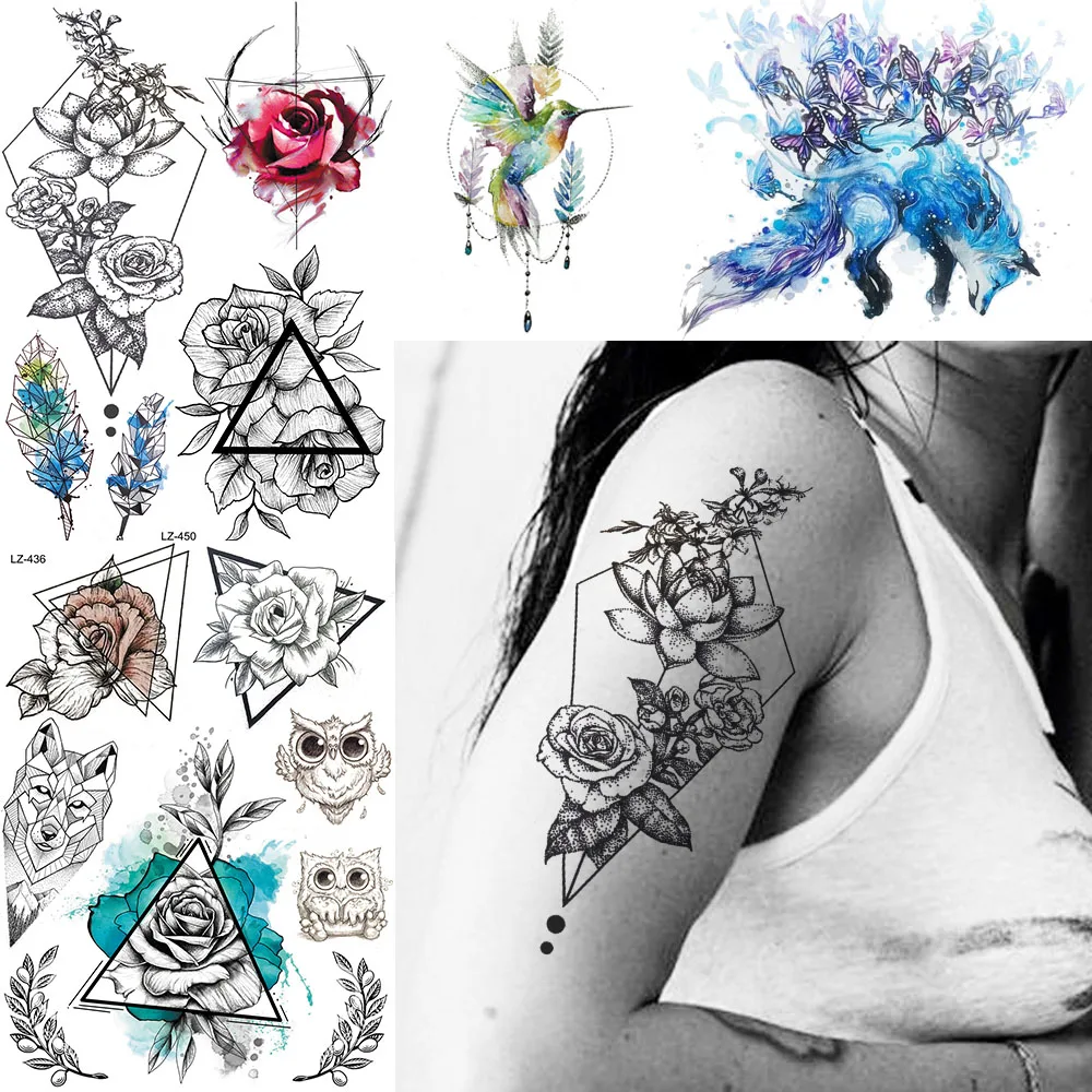 

GoldOcean Summer Style Fake Waterproof Geometric Floral Tattoos Stickers Feather Women Tattoo Temporary Body Arm Art Tatoo Sheet