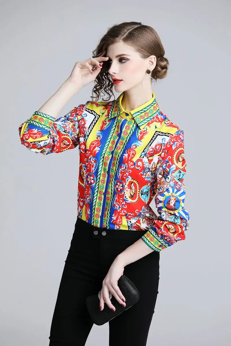 Fashion new Spring Autumn women turn-down collar casual European style pattern print shirts long sleeve office lady work |
