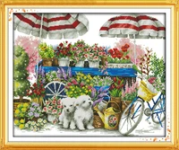 sunny flower shop cross stitch kit dog pet 18ct 14ct 11ct printed canvas dmc color cotton thread embroidery diy handmade