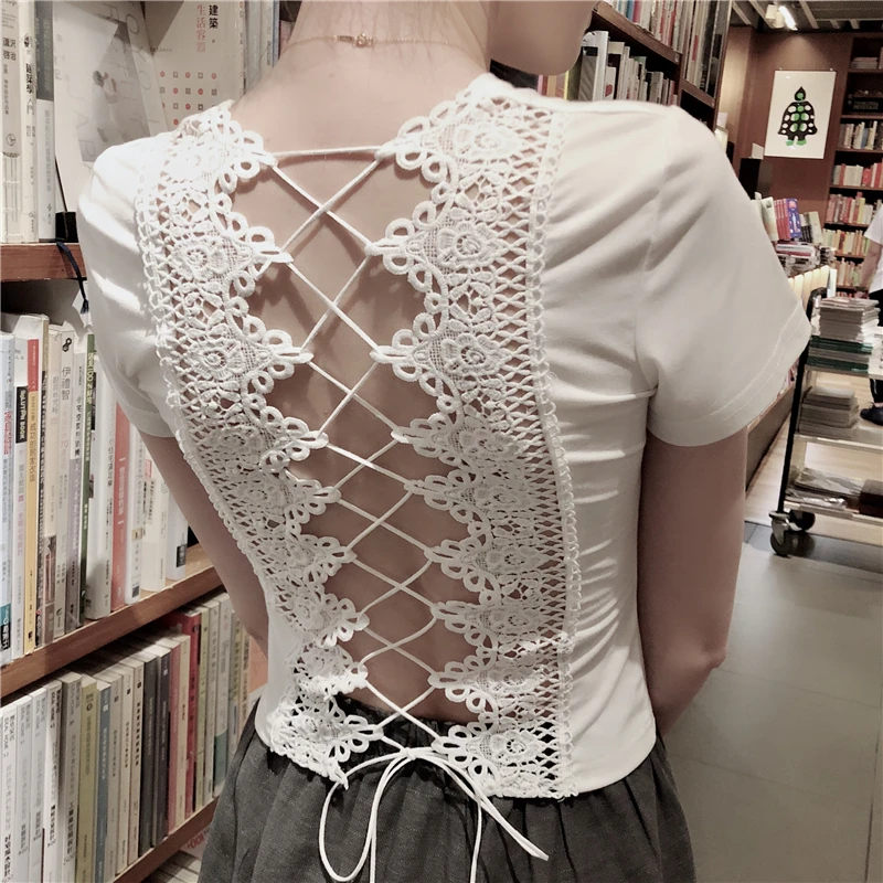 Women Lace Tops Backless T-Shirt Solid Up Open Back Tee Shirt 2018 New Round Neck Short Sleeve | Женская одежда