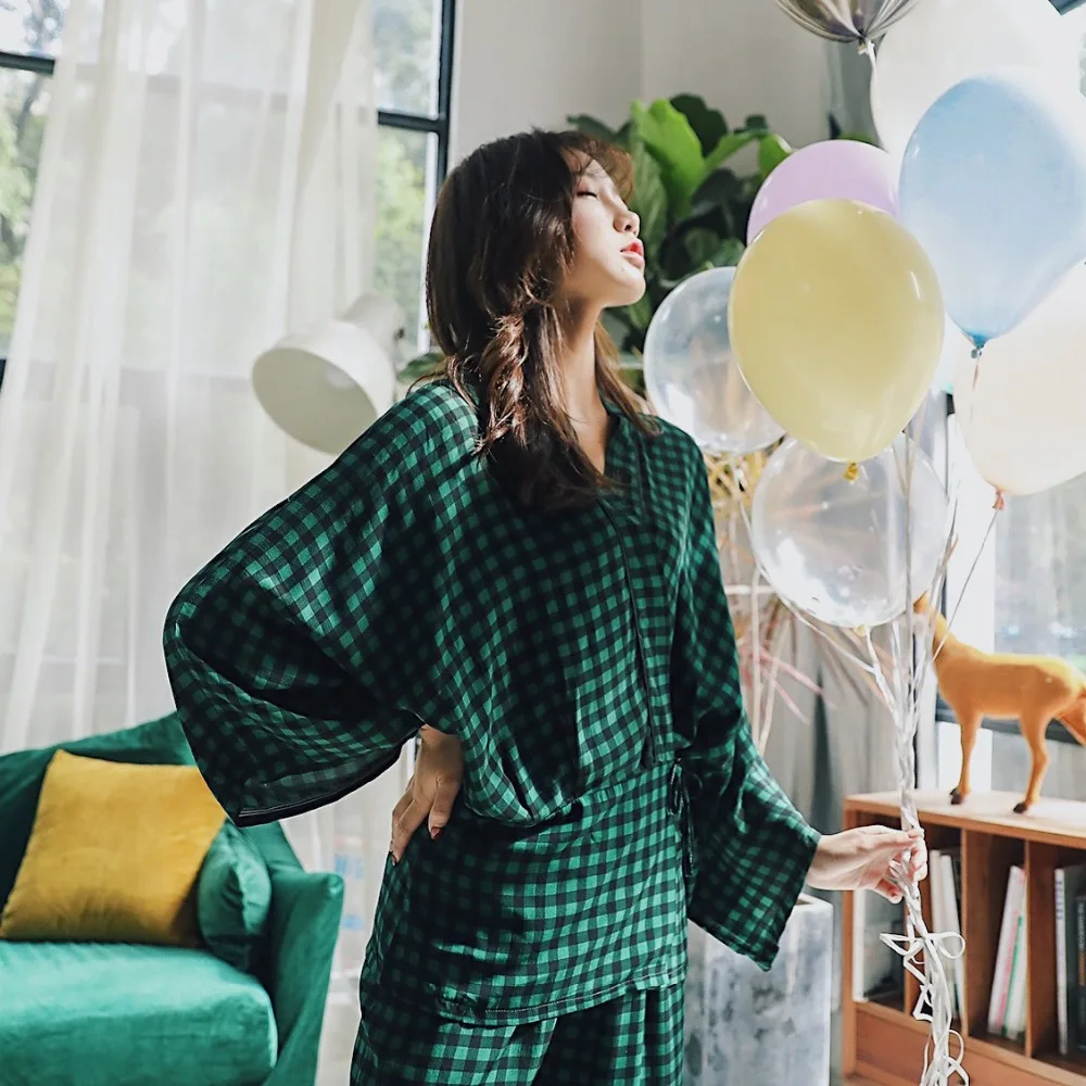JRMISSLI женские хлопковые кимоно пижамы Mujer Pijama наборы Дамская Милая клетчатая