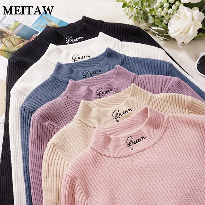 Autumn Women Queen embroidery Letter Knitwear Thin Sweater 2019 Casual Long Sleeve Turtleneck Pullovers Jumper Tops | Женская одежда