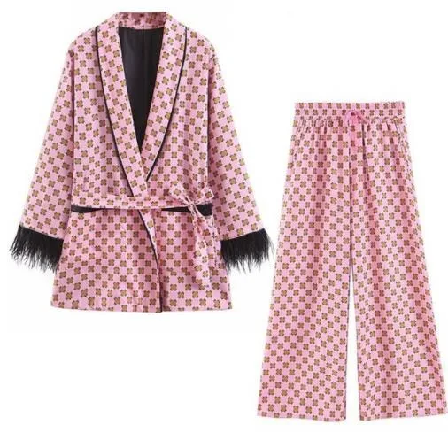 Top and pant Женские костюмы весна лето розовый геометрический принт перо кимоно куртка широкие брюки пижамные костюмы комплект из двух предметов - Цвет: Top and pant