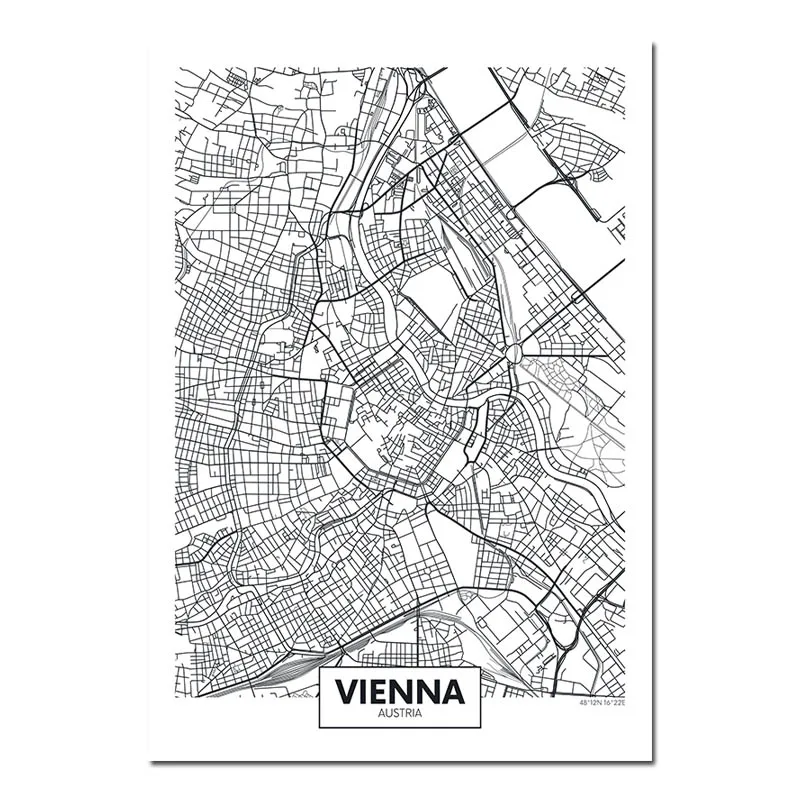 Vienna Черный, белый, Роттердам, Лондон, Нью-Йорк, столица, город, карта, холст, плакат, настенное искусство, печать, живопись, скандинавские декоративные картины, Декор - Цвет: Vienna