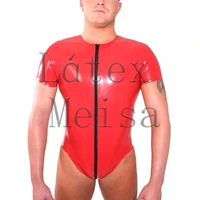 fetish latex catsuit short sleeve exotic leotard with front zipper to back waist for male