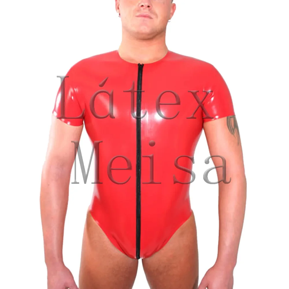 Fetish Latex catsuit short sleeve exotic leotard with front zipper to back waist for male | Тематическая одежда и униформа