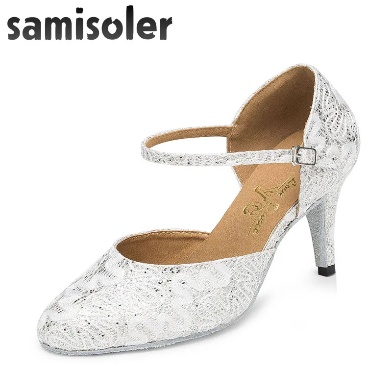 Samisoler Yellow/W New Cloth Collocation Shine Ribbons Ballroom Fashion Dance Women Latin Dance Competition Shoes
