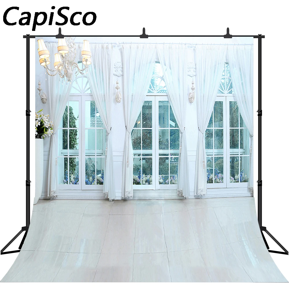 

Capisco White Curtain Flowers Lamp Photocall Wedding Photo Backgrounds Customized Photographic Backdrops For Photo Studio
