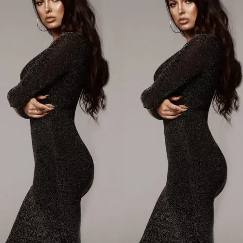 Elegant Stylish Simple Women' High-waist Casual Summer Dress Ladies Long Sleeves O-Neck Midi-Calf Pencil Shinny Dresses S-L | Женская