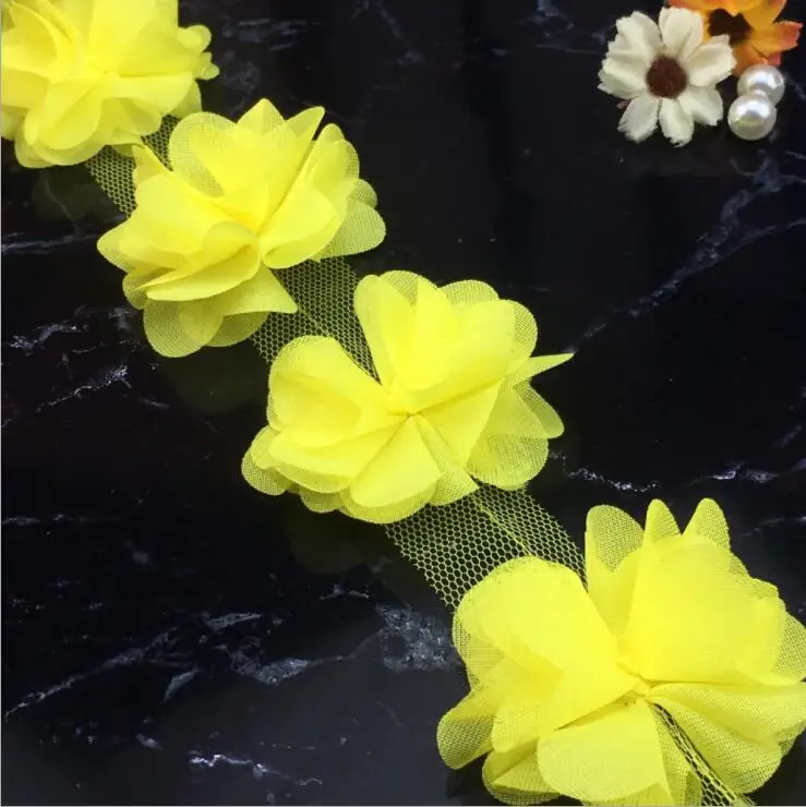 Bright yellow 1 ярд разноцветные цветы 3D лепестки шифон Листья отделка Свадебное платье Свадебное кружево ткань кукла детская одежда аппликация Шитье - Цвет: Bright yellow