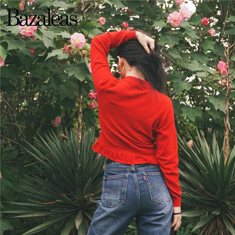 Bazaleas Autumn Vintage waistcoat V Neck harajuku Kintted Carfigans Fashion red Women Sweater Casual Bottom Ruffles |